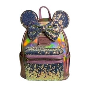 Disney Parks Loungefly PINK Iridescent Earidescent Sequins Bow Mini Backpack NWT